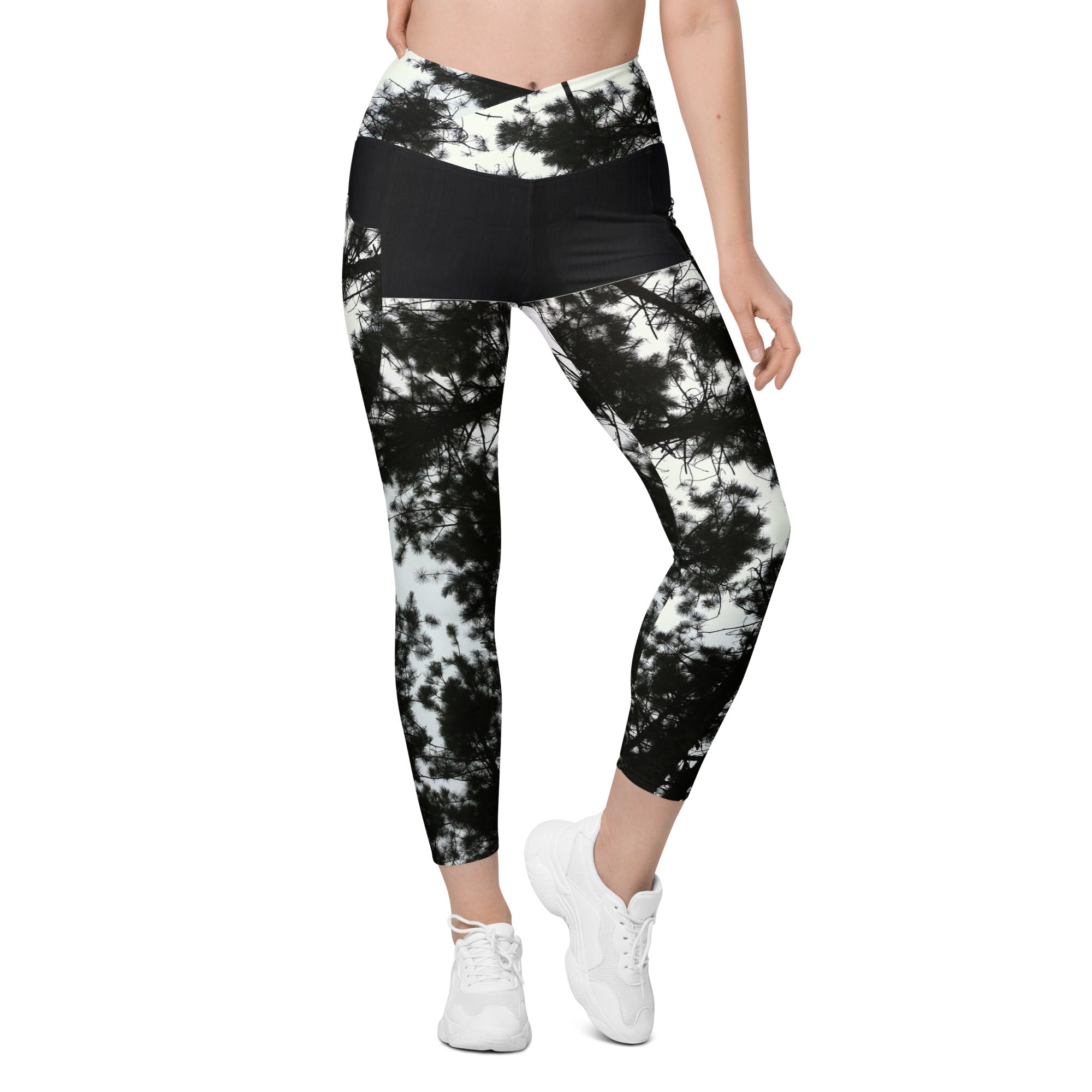 Workout or Dance Leggings with Pockets. Crossover Waist Yoga Pants- Black & White Leggings. WickedYo.